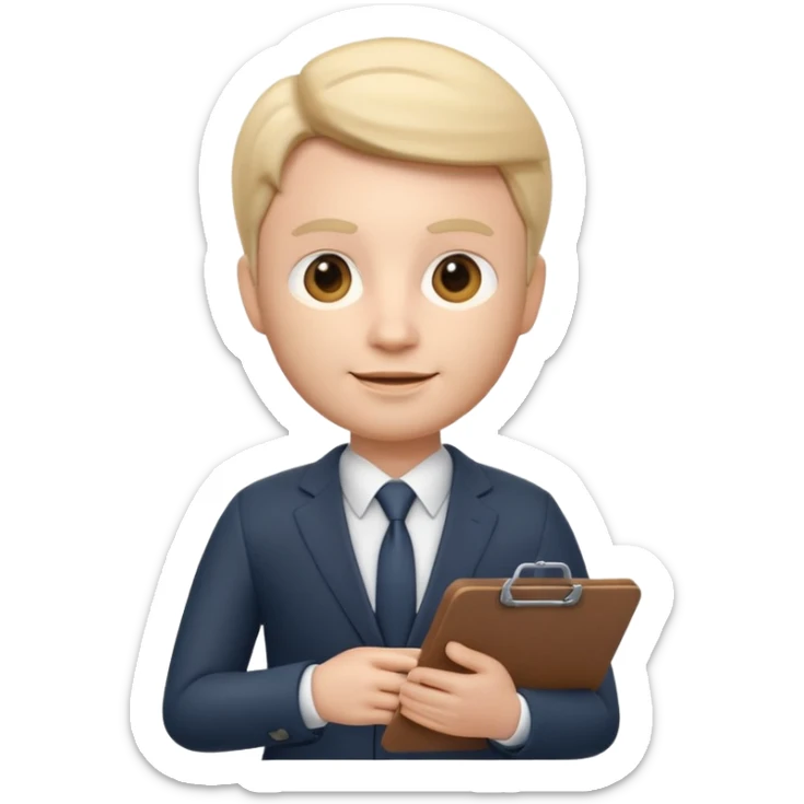 Apple Memoji-style 3D emoji of a manager character in a suit holding a clipboard, soft shading, rounded shapes, clean gradients, no background.
 sticker