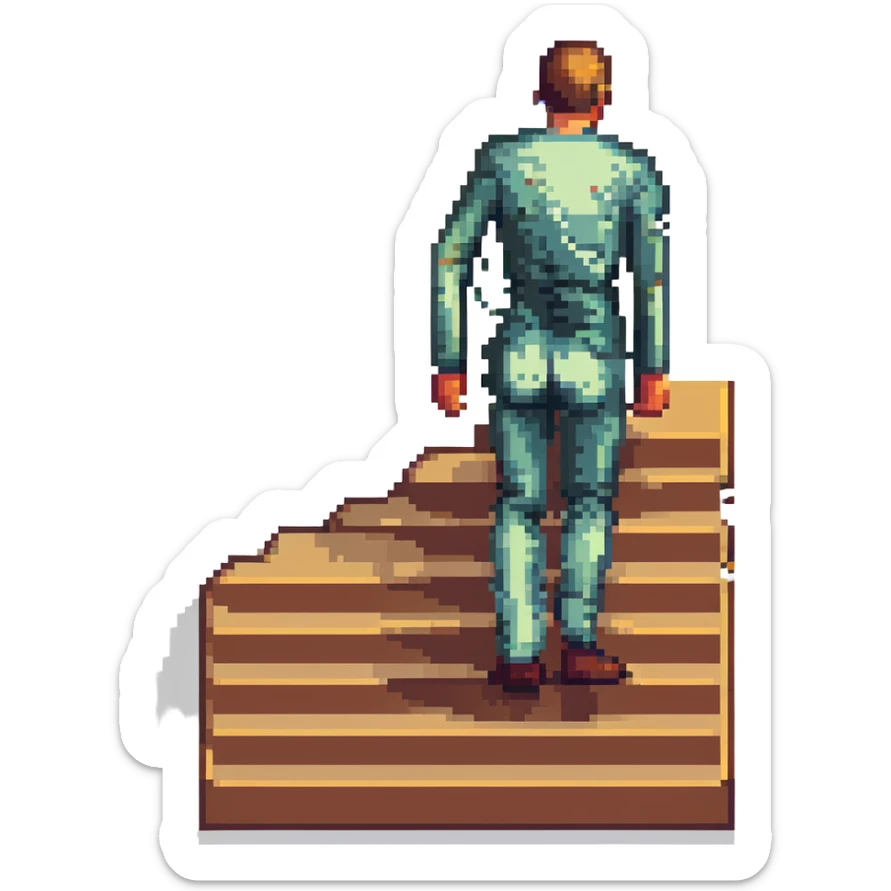pixel art scene where a human and a staircase are fused, with the person’s torso or legs blending into the steps sticker