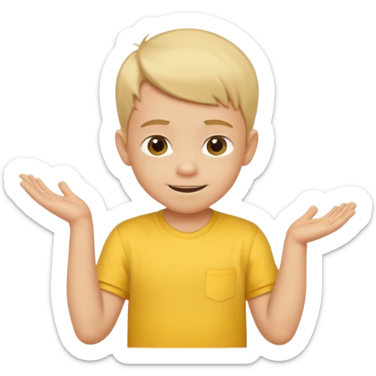 boy with baby hair cut shrugging his shoulder, wearing yellow shirt and smile sticker