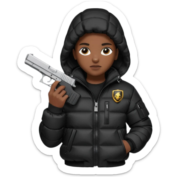 african american wearing a black puffer jacket with the hood on and holding a glock 26 sticker