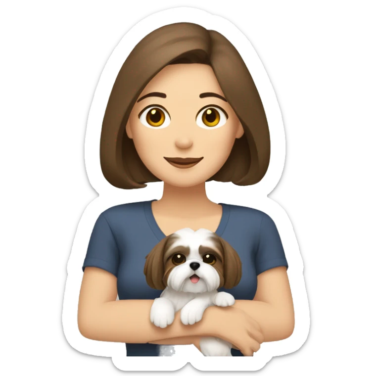 Brunette woman with chin length hair hugging two shih-tzu dogs sticker