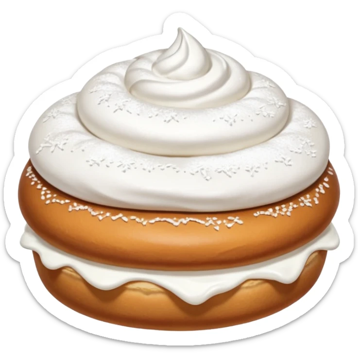 A bun with visible whipped cream in the middle beteween two bun halves and powdered sugar on top, no cream on top sticker