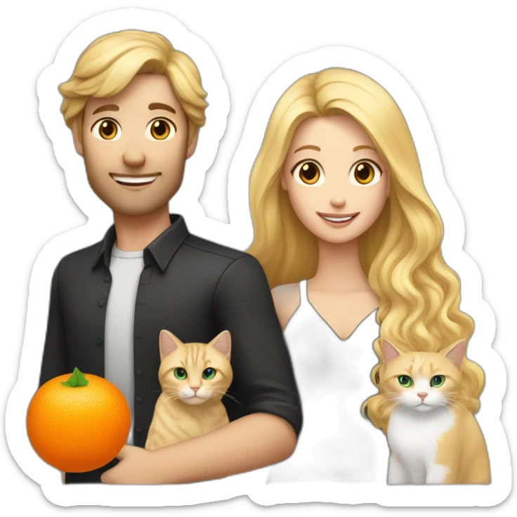 A couple consisting in a white man with long black hairand a blonde white woman holding an orange and white cat with long hair sticker