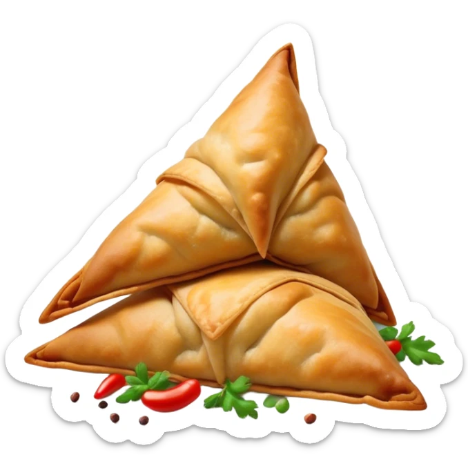 Samosa Cinematic Realistic Samosa Snack Emoji, depicted as a crispy, golden triangular pastry filled with spiced vegetables or meat, rendered with rich textures and vibrant, appetizing lighting. sticker