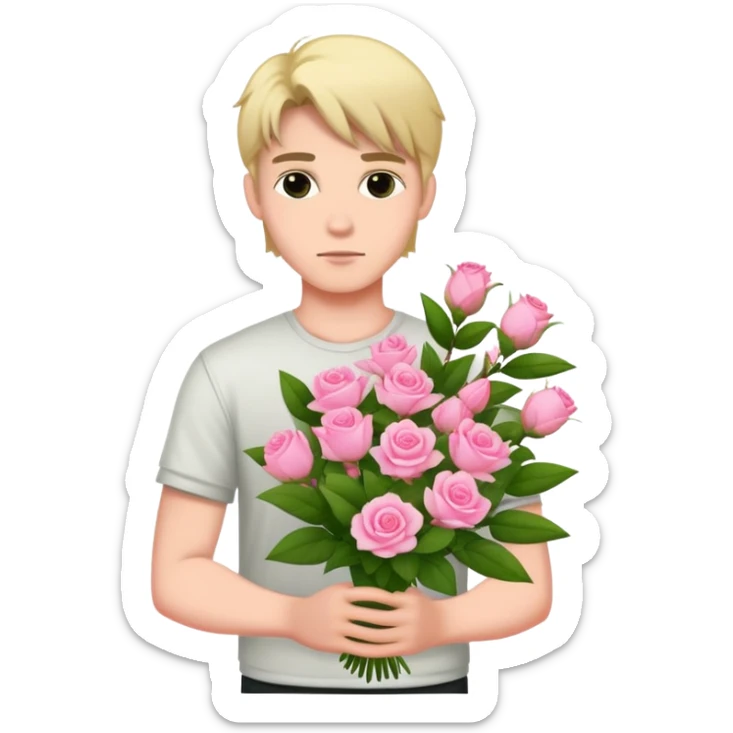 A cool bad boy with fair skin holding a bouquet of pink jasmine roses sticker