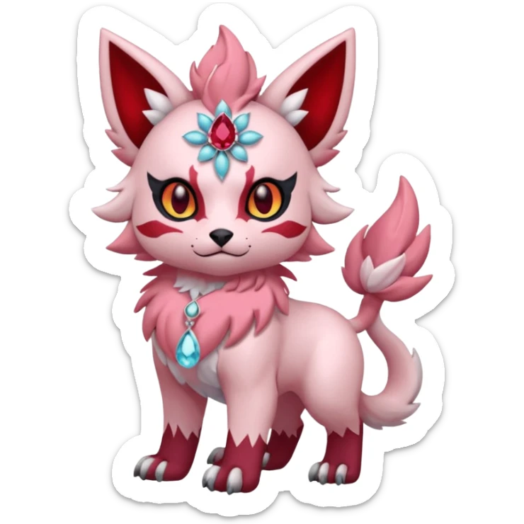 Floral pastel pink and ruby-jewelry-adorned Absol-Litten-Amaura-fusion-Fakemon-animal-creature  sticker