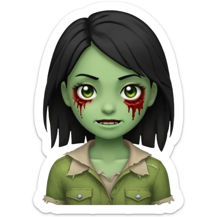 winking half-zombie girl emoji, straight black hair, green skin, no text sticker