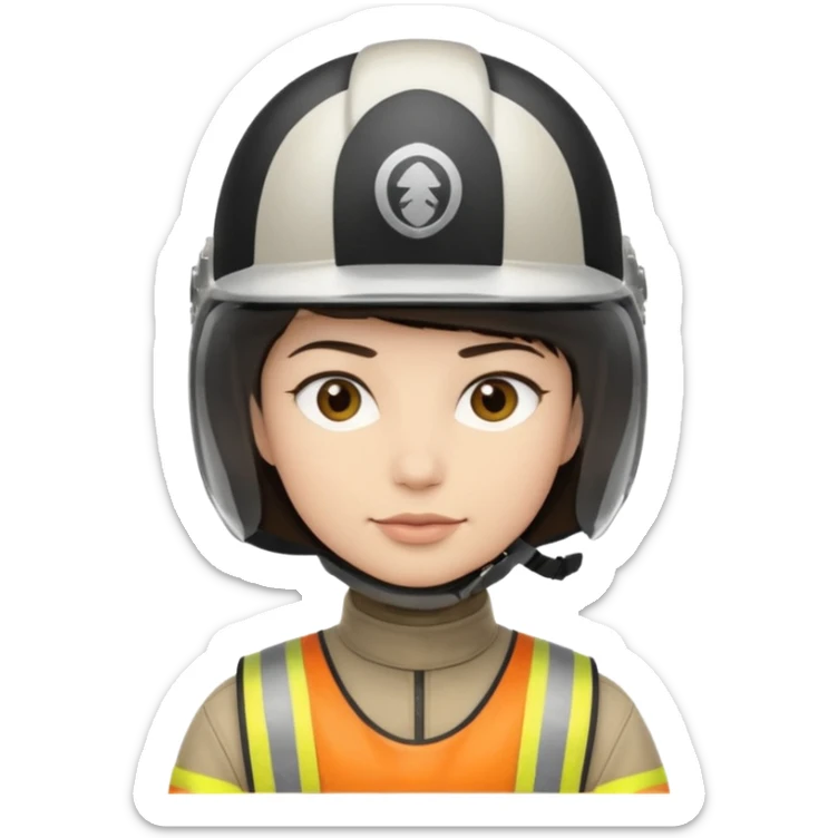 A light-skinned person with short dark hair, wearing a helmet and an oval face with a neutral look. sticker