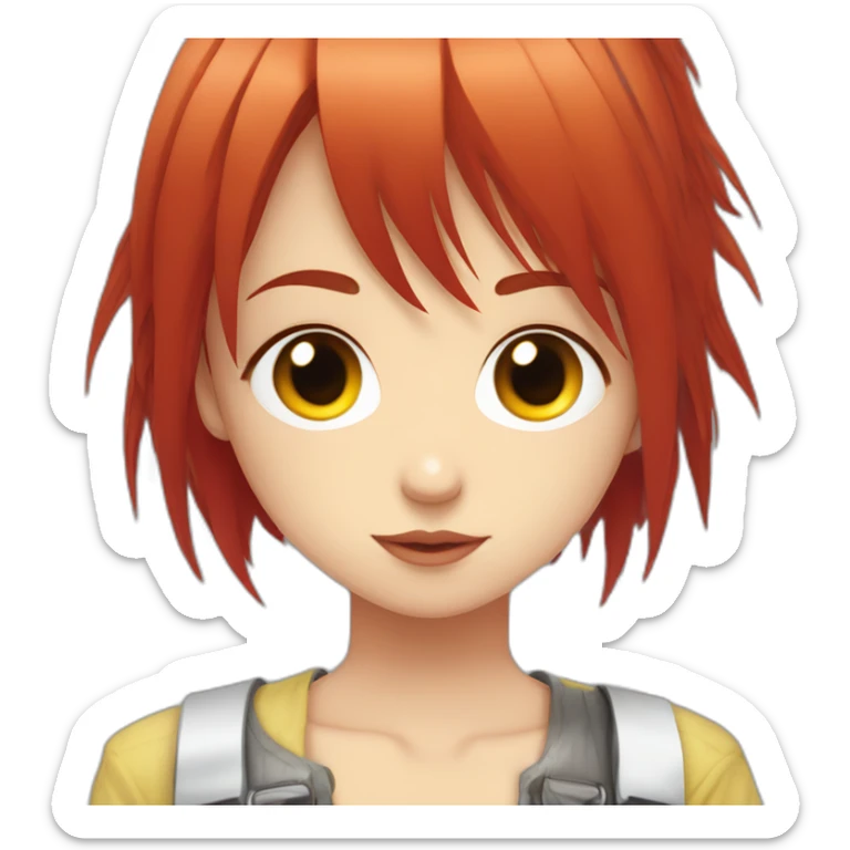 (gril) makima from the manga chainsawman with red hair fringe, yellow eyes with a circle inside sticker