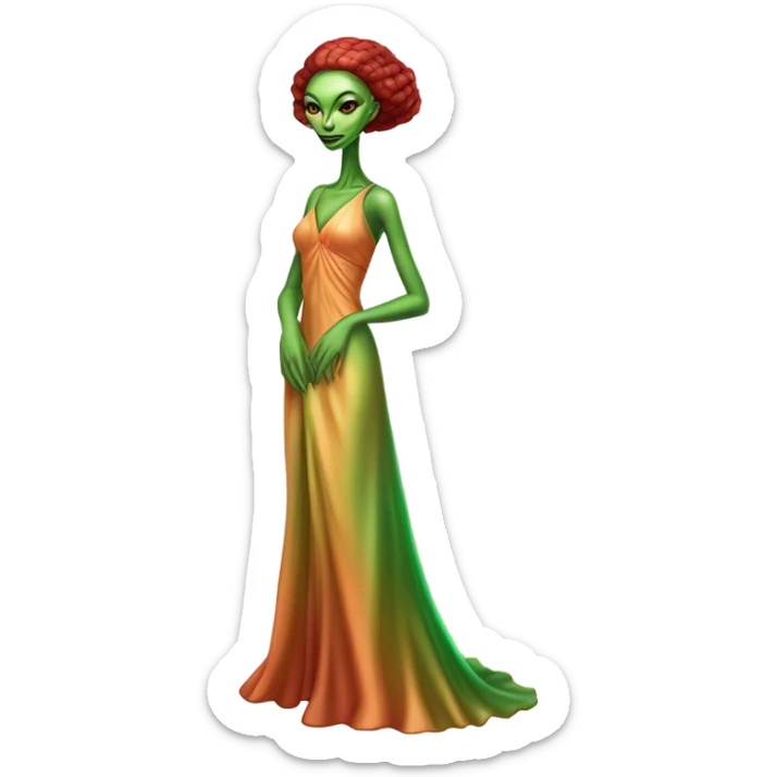 reptilian green alien woman, in long slim pastel orange formal party satin dress with gradient shiny sparkling dark red, full figure, full body sticker