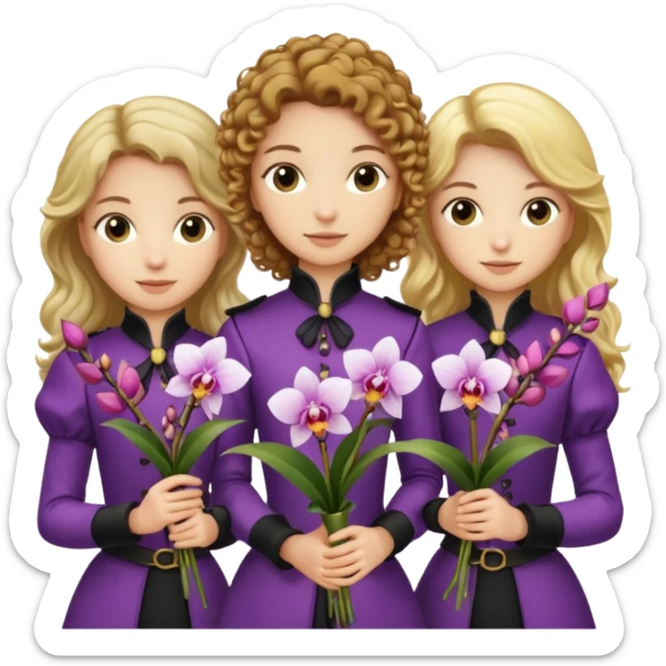 3 female musketeers, one with brown curly hair, one with straight blond hair, one with blond hair in pony tail, all holding orchids sticker