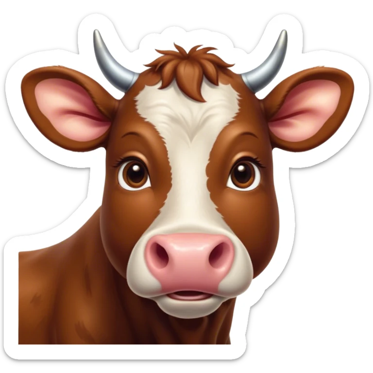 Cinematic Cute Brown Cow Portrait Emoji, Head tilted playfully and inquisitively, featuring a glossy, rich brown hide with a natural sheen, round, sparkling brown eyes filled with gentle curiosity, Simplified yet irresistibly adorable features, highly detailed, glowing with a warm, friendly glow, high shine, affectionate and serene, stylized with a touch of country charm, bright and endearing, soft glowing outline, capturing the essence of a mischievous yet loving cow, so playful it feels like it could moo out of the screen and into your arms! sticker