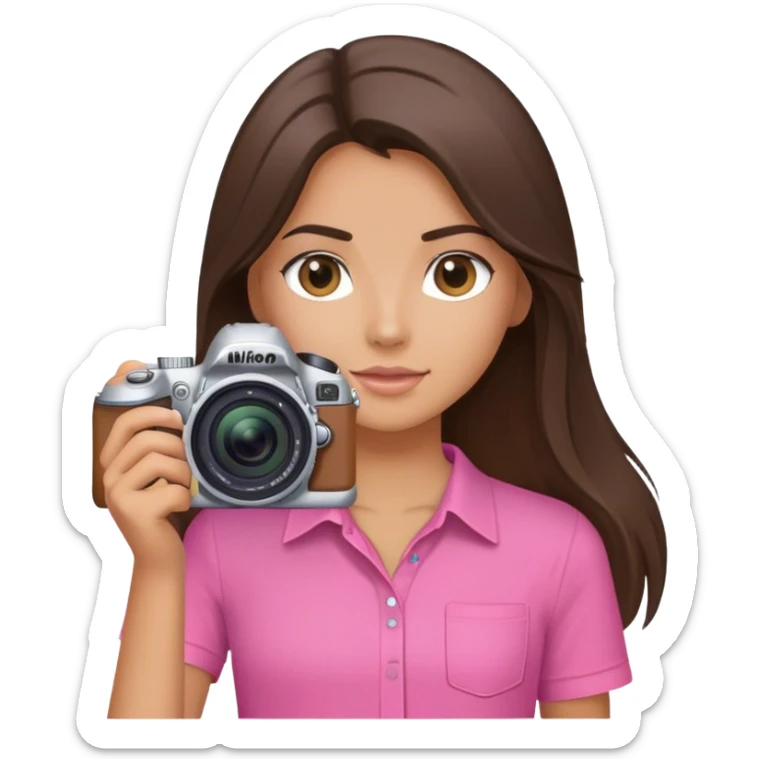 brunette girl long hair  tan skin holding nikon camera pink shirt sticker
