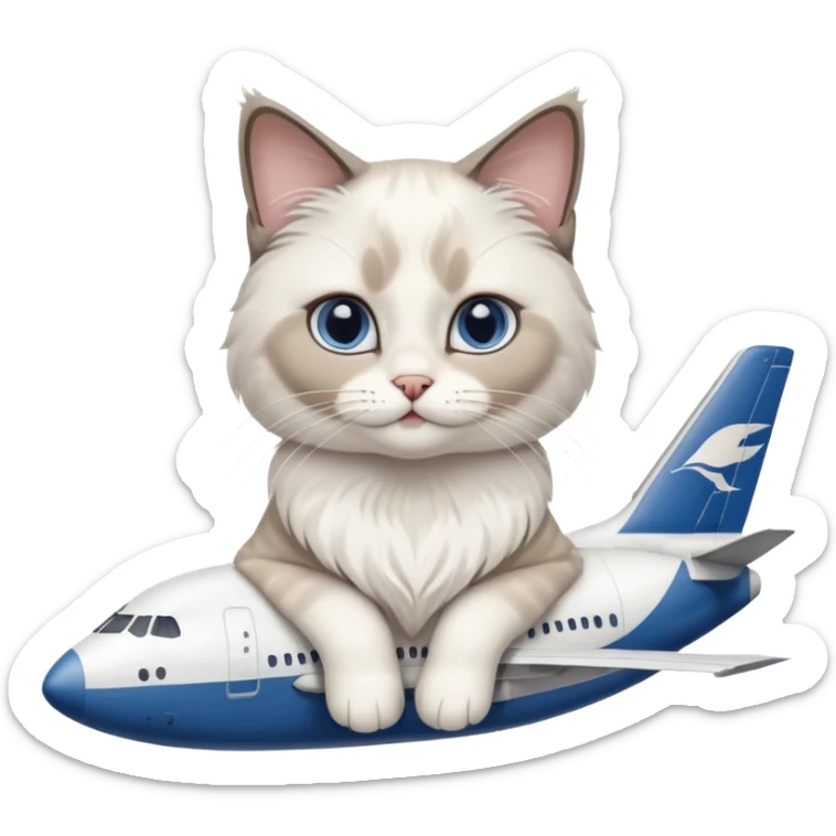 Cute ragdoll cat on an airplane. Should sit on top of the plane, cat is way bigger than airplane. Can you make the plane cooler like airbus a380 and the cat a bit happier? I liked the first and last pic out of these. Cat should be ragdoll with white and grey just like these sticker