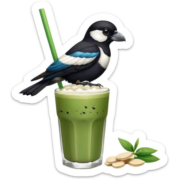 It’s an Australien Magpie sitting on an iced matcha latte on the edge of the glass. It has green matcha on its beak indicating it drank. The iced matxha latte is in a see through glass and white from the oat milk on the bottom and green on top…and there is a straw in the drink and ice cubes sticker