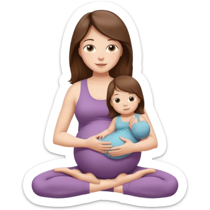 "Pregnant woman sitting in a yoga pose with long brown hair and fair skin, holding a baby with short brown hair and fair skin." sticker