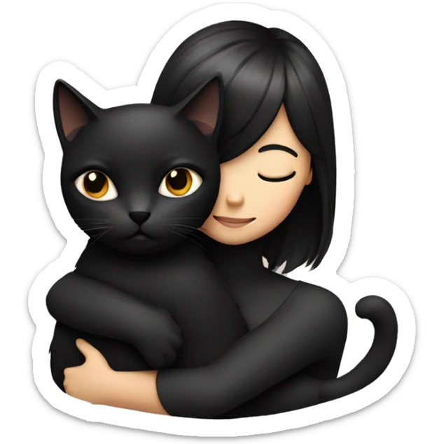 Girl hugging black cat. The girl has black hair. sticker