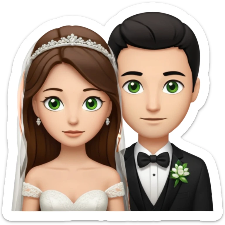 Black hair brown eyes bride with brown hair green eyes tall groom with white wedding bands sticker