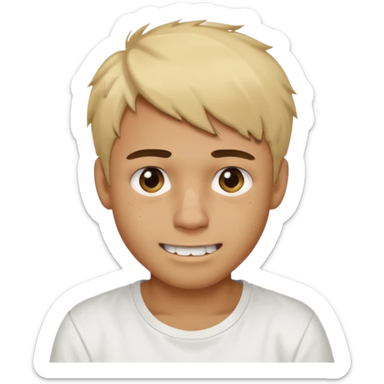 Male with short, messy blonde hair, large expressive golden-brown eyes, brown skin, scar over nose, crooked smile showing slightly damaged teeth, wearing a plain white t-shirt. sticker