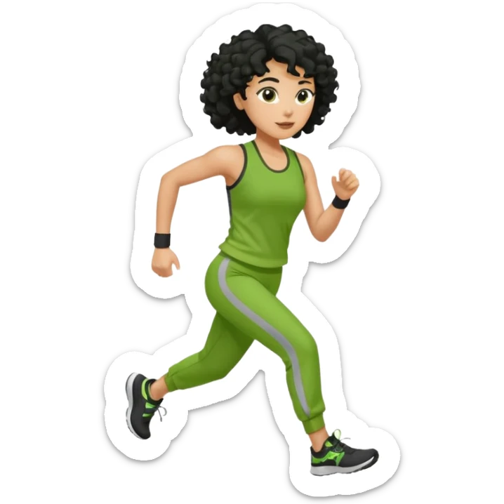 a woman with olive skin tone and curly black hair wearing green and jogging sticker