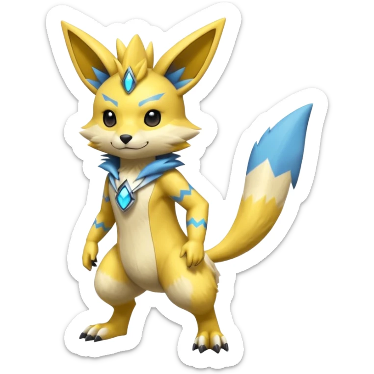 Modern anthropomorphic furry futuristic shiny colorful Lombax-Zeraora-Minccino-Pichu-Renamon-fusion (full body) sticker