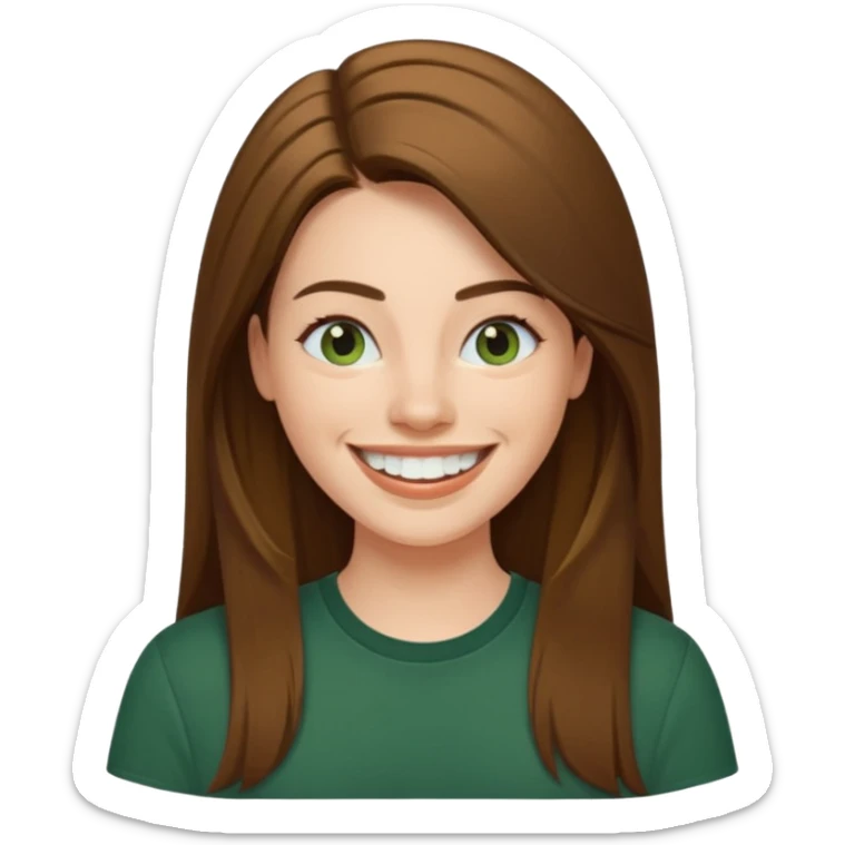 30 yr Caucasian woman long brown straight hair parted on side dark green shirt big smile white teeth sticker