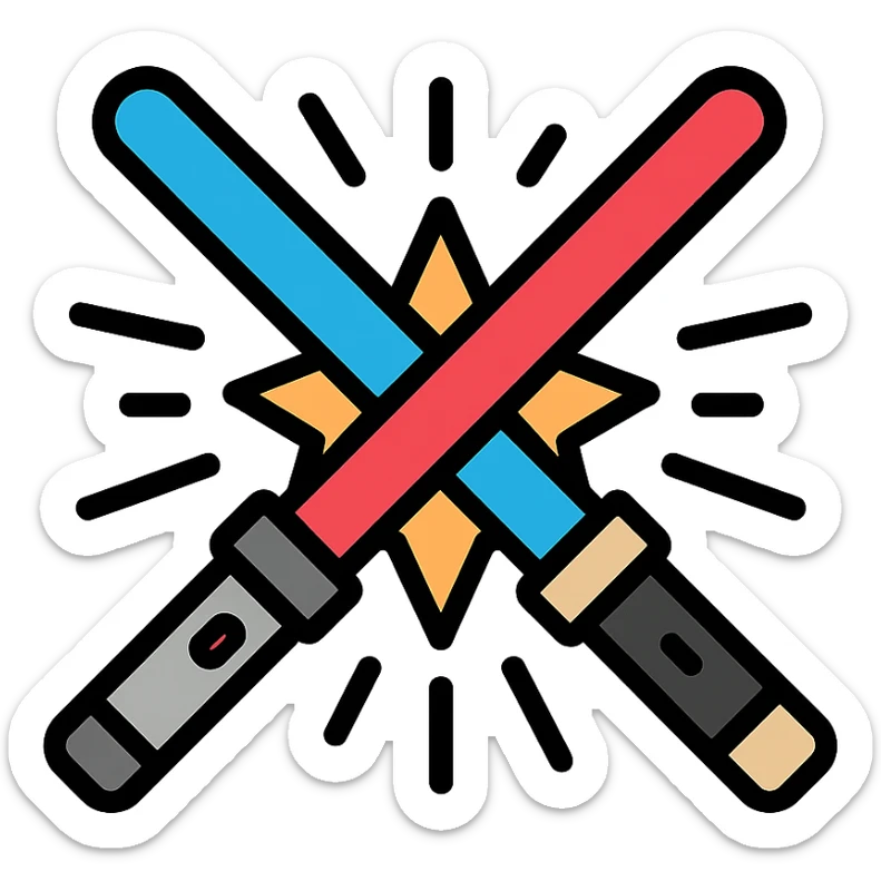 blue and red lightsabers colliding at the center, energy burst and motion streaks sticker