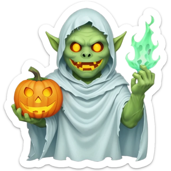 male orc ghost emoji, green skin, tusks, wearing torn white ghost sheet costume, holding glowing jack-o'-lantern, faint blue aura, friendly but spooky expression, Halloween fantasy theme, Apple emoji style, clean white background, square sticker
