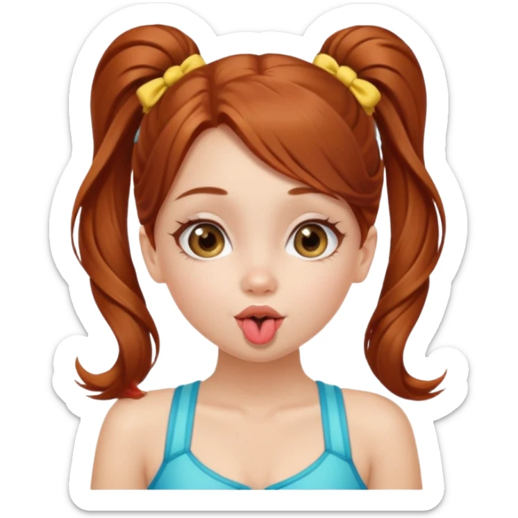A cute ukrainian girl, with long auburn hair two side ponytails, in a bathing costume, she's blowing a kiss. sticker