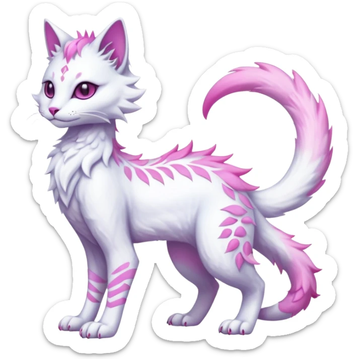 Kawaii white iridescent beautiful pretty elegant divine edgy fantasy feline-vernid-fionbri-sergal-fursona animal creature with a tufted tail full body with intricate markings  sticker