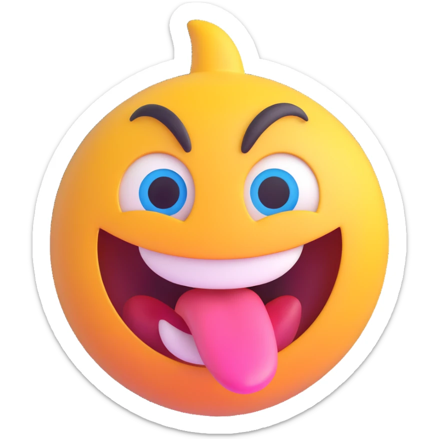 crazy emoji with wild eyes, big grin, tongue out, vibrant colors, shiny and dimensional, front facing sticker