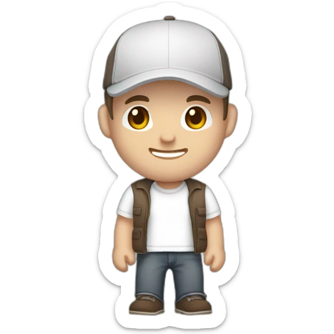 Pale skinned fit Man with dark brown hair in a light gray cap, dark brown jeans, brown polo and white T-shirt keeping a pasted with tape white box into his hands sticker
