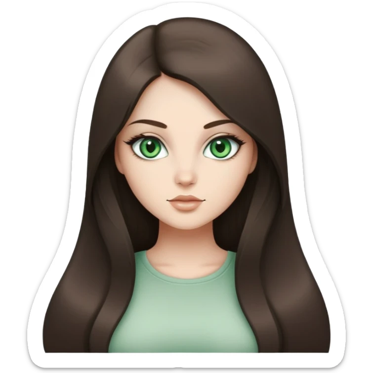 Curvy but beautiful brunette girl, desaturated green eyes, pin straight super long hair, modern style sticker