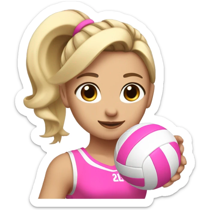 blonde haired girl with a ponytail and brown eyes, bumping a volleyball in a pink volleyball outfit sticker
