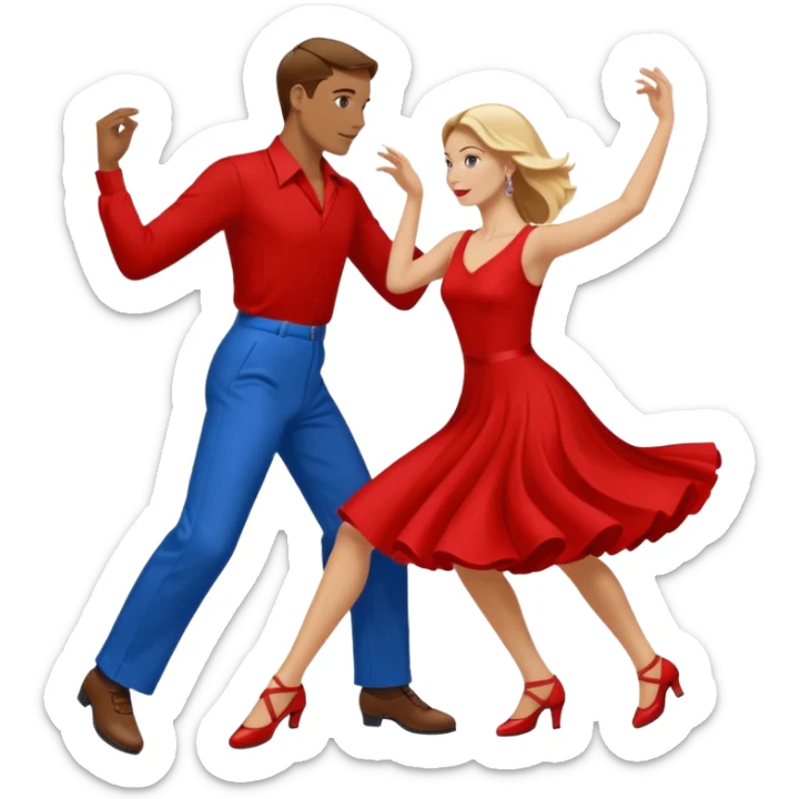 Two people. Man  wearing all red  with brown hair. Women iall blue with blond hair. Swing Dancing.  sticker