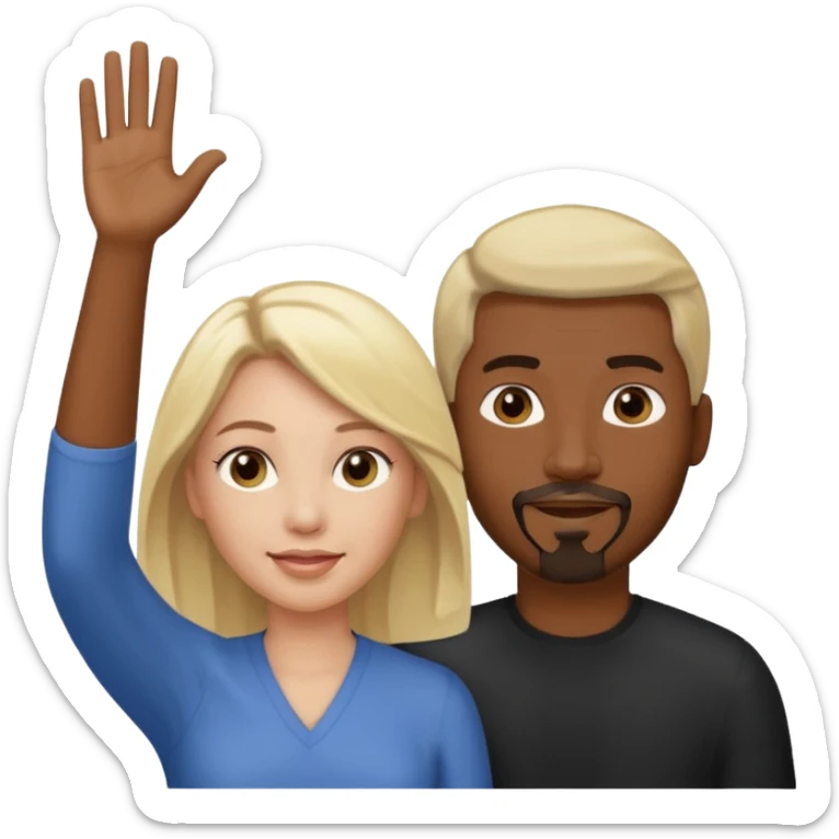 black man with goatee and white woman with blonde shoulder-length hair and brown eyes waving sticker