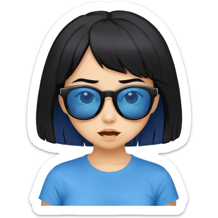 A girl with black bob hair with pony, wearing black sunglasses，funny face (0.5)， a blue t-shirt. sticker