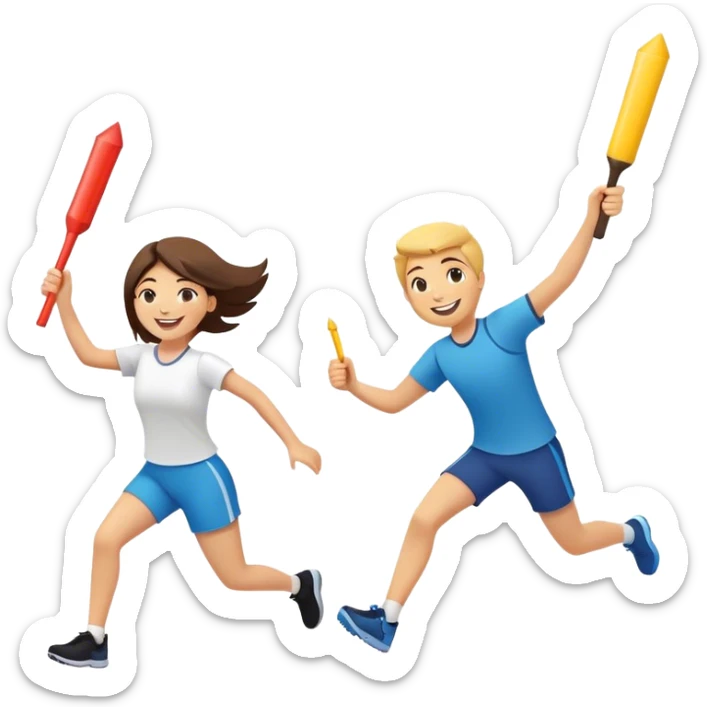 Show two happy team members passing a bright baton in a relay race. One girl, young woman and a young man with all sorts of happy smiley emojis in the air.  Add the words Rejuvenation Break at the top in fun lettering sticker
