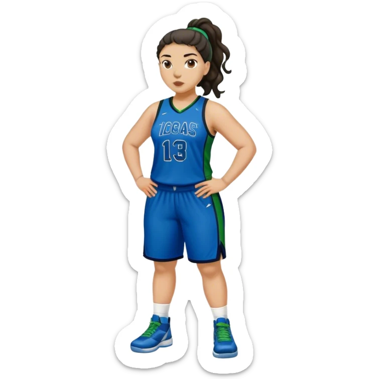 full body plus size light skin  latino women basketball player with wavy dark hair in pony tail wide nose wearing blue uniform with green accent sticker