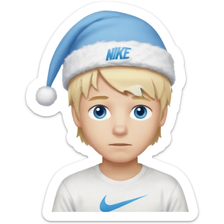 create boy blonde hair long messy, light eyes, white t shirt, rich, long hair, eyes blue, acessory head cristimas blue hat, long hair, t shirt nike sticker
