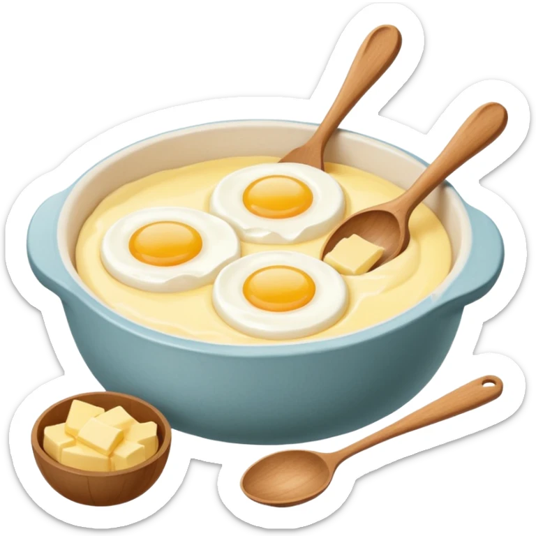 A carton of eggs, butter and a cream ceramic baking bowl with a wooden spoon in it sticker