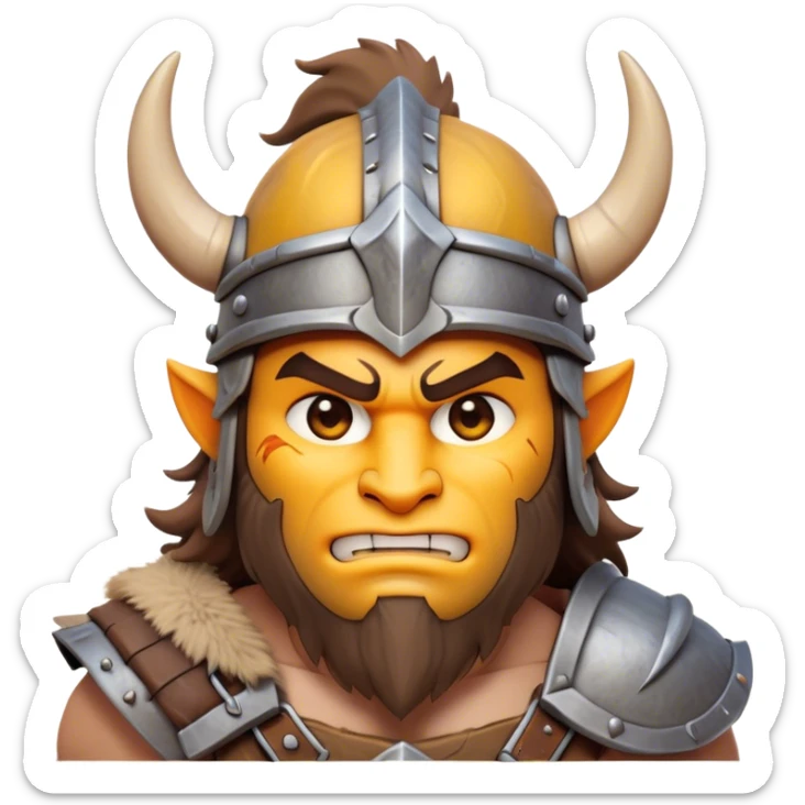 Clash of Clans aesthetic friendly Barbarian Portrait Emoji, Poised and bold with a rugged yet cartoonish build in tattered furs and a horned helmet, his face rendered in a natural skin tone (not yellow), expressive bright eyes and a confident smirk, Simplified yet dynamic features, highly detailed, glowing with a vivid, adventurous aura, high shine, heroic and spirited, stylized with an air of medieval warrior charm, focused and energetic, soft glowing outline, capturing the essence of a fearless barbarian adventurer ready to lead his clan with spirited valor! sticker