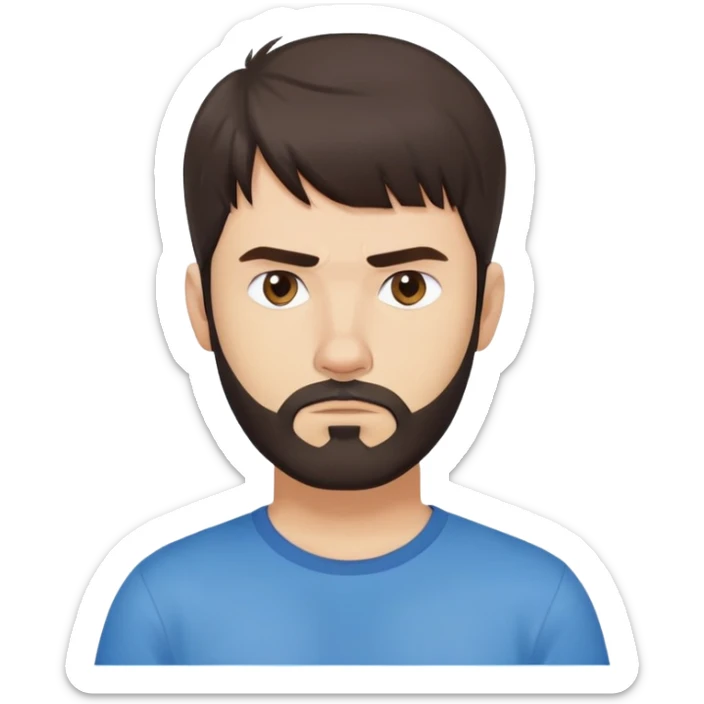 Caucasian Argentine man with straight dark brown hair, loose hairstyle with bangs, short full beard, serious-neutral expression, basic blue t-shirt sticker