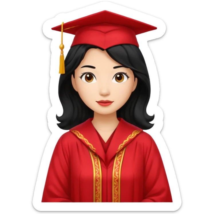 Graduate asian black hair with wavy hair long  with red sticker