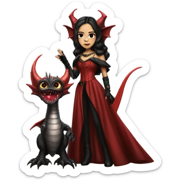 surprised Lavish Victorian evening gown with gloves, Jenna Ortega as Addams girl Jedi wearing a steampunk mini tiara, very large blood red evil-looking horned dragon sticker