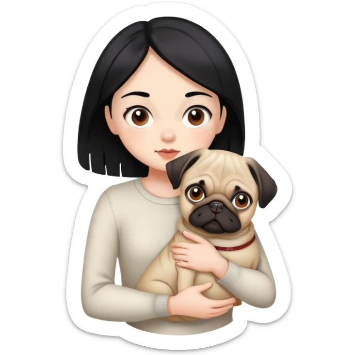 a black hair girl, with brown eyes and white skin carrying her pug  sticker
