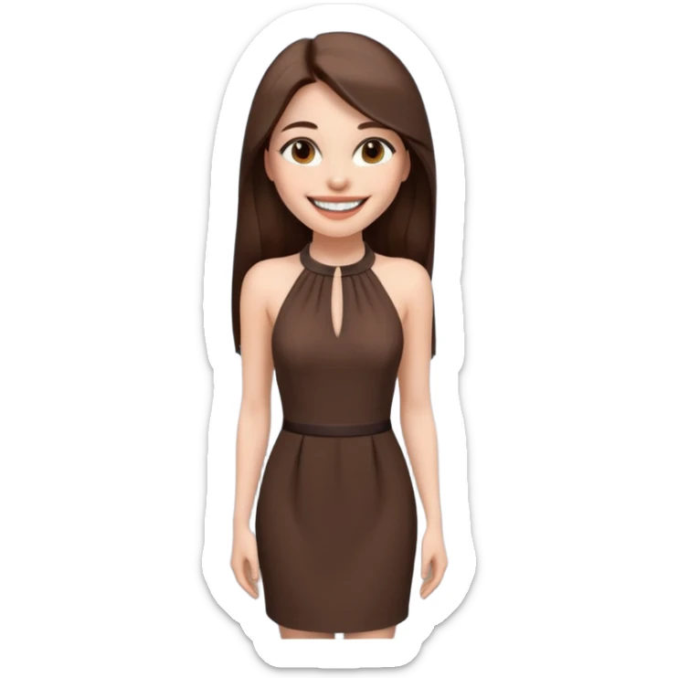 emoji-style illustration of a stylish pretty big smile woman with long straight brown hair, wearing a dark halter neck dress, elegant and minimalistic look, front-facing, soft 3D cartoon rendering, plain background sticker