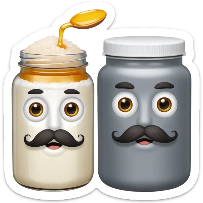 Garama and Madundung are together a gray container of salt and a honey container with a cloth on top. They each have eyes with white in the middle, a mouth, nose, and mustache both customary to their colors. They have hairy legs and emit an aura of salt (Garama), and honey (Madundung). sticker