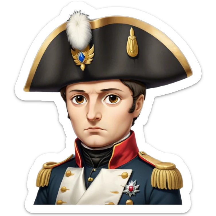 Cinematic Realistic Napoleon Bonaparte Portrait Emoji, depicted as a commanding military leader with a determined gaze and iconic bicorne hat, rendered with dramatic textures and bold historical lighting that captures his imperial legacy. sticker