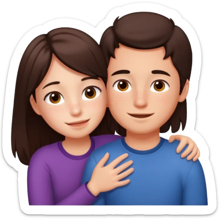 Girl and boy couple Both peach skin and darkish brown hair, give girl freckles HUGgING EMOJI, and give only the GIRL long hair, keep the boys hair short sticker